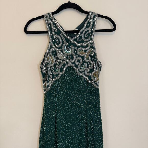 VTG 90s Laurence Kazar Beaded Prom Gown PS Green Silk Evening Formal Cocktail - Picture 4 of 11